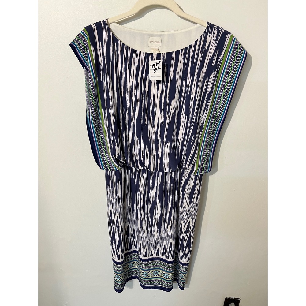 Chico's Navy Blue White Ikat Geometric Border Print Blouson Dress Size 0 Small